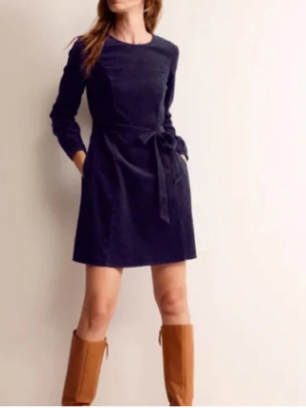 Boden Navy Harriet Corduroy Smocked Cuff Belted Long Sleeve Mini Dress 8R
